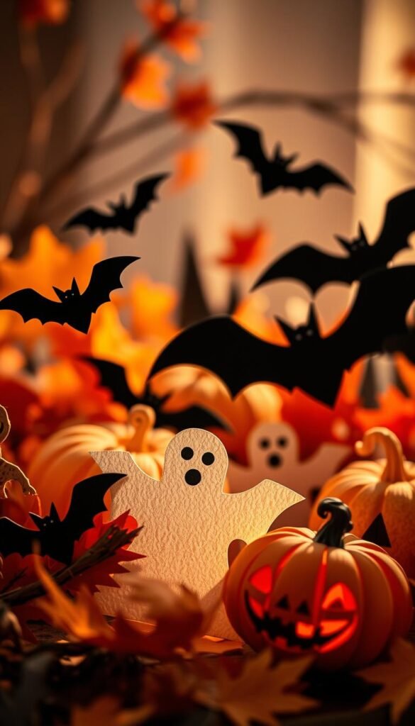 A spooky assortment of Halloween-themed paper decorations, including bats, ghosts, and jack-o'-lanterns, arranged in a festive, autumnal setting. The decorations are crafted from textured, matte paper in shades of black, orange, and white, casting soft shadows under warm, diffused lighting. The scene is photographed from a slightly elevated angle, capturing the delicate, intricate details of the paper cutouts against a blurred, out-of-focus background, conveying a cozy, intimate atmosphere perfect for a seasonal paper craft project.