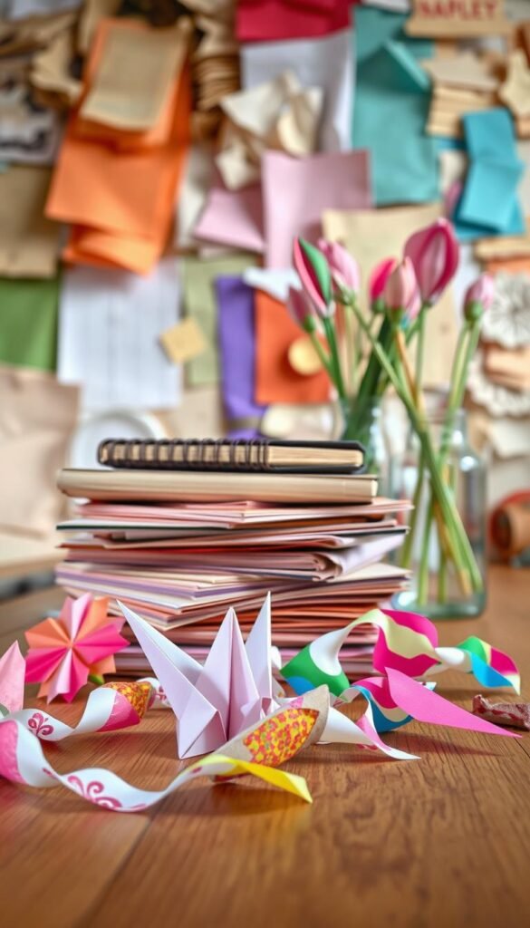 A stack of colorful, repurposed paper crafts resting on a wooden table, illuminated by soft, natural lighting. In the foreground, an origami crane, a paper flower, and a decorative paper garland. In the middle ground, a handmade paper notebook and a vase filled with recycled paper stems. In the background, a collage of various textures and hues of upcycled paper, showcasing the versatility of this sustainable material. The overall scene exudes a sense of creativity, eco-consciousness, and a DIY aesthetic.