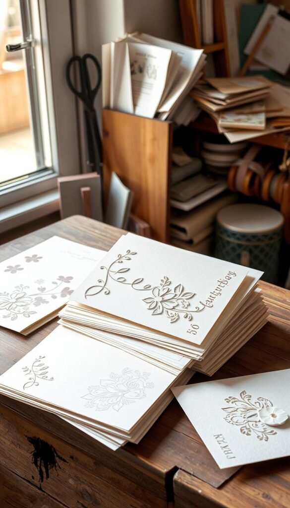 A stack of handmade paper cards and stationery pieces arranged on a rustic wooden table. The cards feature delicate floral patterns, intricate cut-outs, and tactile textures, showcasing the artisanal craftsmanship. Soft natural lighting filters through a nearby window, casting a warm glow and gentle shadows across the scene. In the background, a collection of paper-based craft supplies, such as scissors, punches, and ribbons, are neatly organized, hinting at the creative process behind these personalized pieces. The overall mood is one of understated elegance and the handmade charm of small-scale paper crafting.
