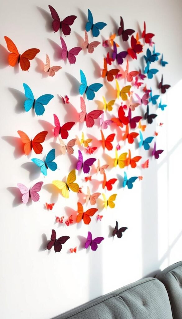 A stunning 3D paper butterfly wall installation with intricate, lifelike butterflies in various stages of flight, delicately crafted from vibrant shades of paper. The butterflies are arranged in a dynamic, asymmetrical pattern, creating the illusion of a captivating, nature-inspired display. Soft, diffused lighting casts gentle shadows, emphasizing the depth and dimensionality of the piece. The installation is mounted on a clean, minimalist white wall, allowing the butterflies to take center stage. The overall atmosphere is one of tranquility and whimsy, inviting the viewer to appreciate the beauty and craftsmanship of this unique DIY home decor idea.
