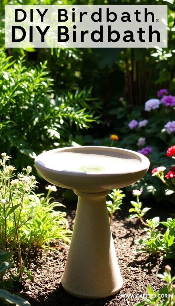 A sturdy, handcrafted DIY birdbath stands in a tranquil garden, its simple yet elegant design blending seamlessly with the lush foliage. Soft, diffused natural lighting bathes the scene, casting gentle shadows and highlights that accentuate the textural details of the birdbath's smooth ceramic or stone surface. The birdbath's gently sloping sides and shallow, wide basin create an inviting, safe space for birds to bathe and drink, while the surrounding plants and flowers provide a welcoming, nature-inspired backdrop. The overall composition conveys a sense of peaceful, backyard serenity, perfectly capturing the essential features of an effective DIY birdbath that will attract and delight feathered visitors.