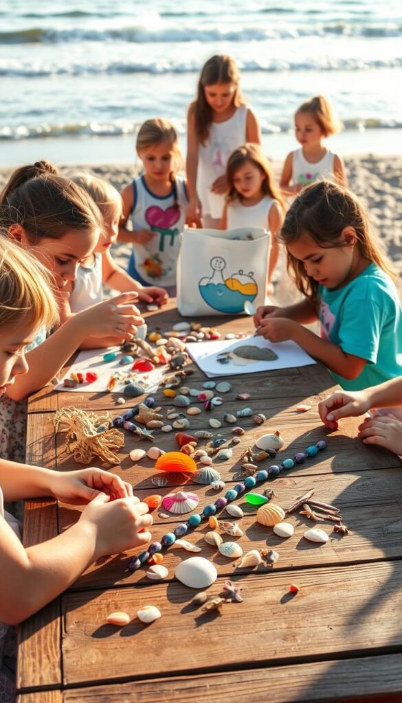 A sun-drenched beach scene, with children gathered around a wooden table, creating vibrant and whimsical crafts. In the foreground, small hands carefully shape seashells, pebbles, and driftwood into colorful sculptures and pendants. The middle ground features a cluster of kids painting abstract seaside designs on canvas bags and t-shirts, their faces lit by the warm glow of the afternoon sun. In the background, a gentle wave laps at the shore, providing a soothing soundtrack to their creative endeavors. The scene is bathed in a soft, natural light, conveying a sense of carefree summer joy and the boundless imagination of young minds.