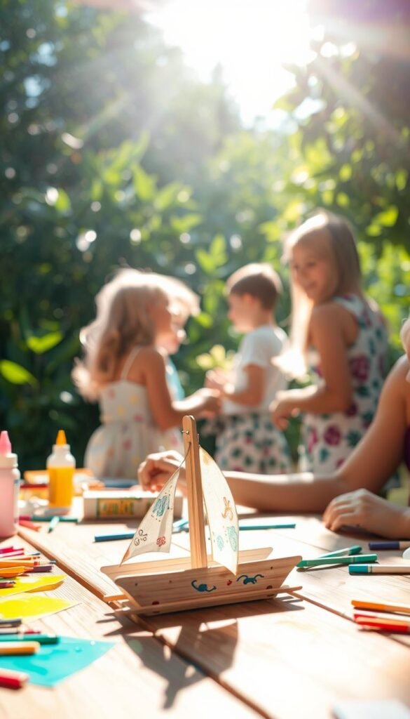 A sunny summer day, a wooden table covered in vibrant craft supplies - popsicle sticks, colorful paints, glue, and markers. In the foreground, a young child carefully constructs a whimsical popsicle stick boat, their face full of concentration. The boat takes shape, adorned with delicate paper sails and a splash of paint. In the middle ground, other children gather around, exchanging ideas and helping each other bring their creations to life. Soft, diffused lighting casts a warm glow, highlighting the joy and creativity in the air. The background features a lush, verdant garden, with sunlight filtering through the leaves, creating a sense of tranquility and endless possibilities for summer adventures.