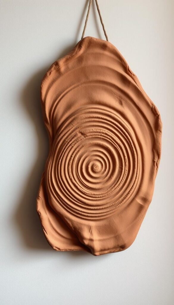 A textured clay wall hanging, with a organic, earthy aesthetic. The foreground features a handcrafted, asymmetric clay slab with an intricate, raised pattern of concentric rings and grooves. The middle ground showcases the rich, matte finish of the clay, accentuated by soft, directional lighting that casts gentle shadows, emphasizing the tactile surface. The background is a simple, neutral-toned wall, allowing the sculptural clay piece to take center stage. The overall mood is one of rustic elegance, perfectly suited for a modern, minimalist interior. Captured with a wide-angle lens to highlight the dimensional quality of the clay hanging.