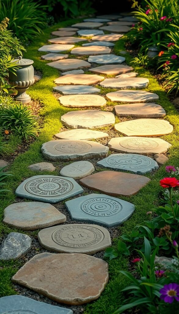 A tranquil garden path adorned with handcrafted stepping stones, each one a unique work of art. The stones are arranged in a meandering pattern, inviting exploration. Textured surfaces, intricate patterns, and earthy hues create a harmonious blend of natural elements. Soft, warm lighting casts gentle shadows, accentuating the depth and character of the stones. The scene is framed by lush greenery, with vibrant plants and flowers lining the edges, adding pops of color and a sense of serene seclusion. The overall atmosphere is one of rustic charm and thoughtful craftsmanship, perfectly complementing the natural beauty of the outdoor setting.