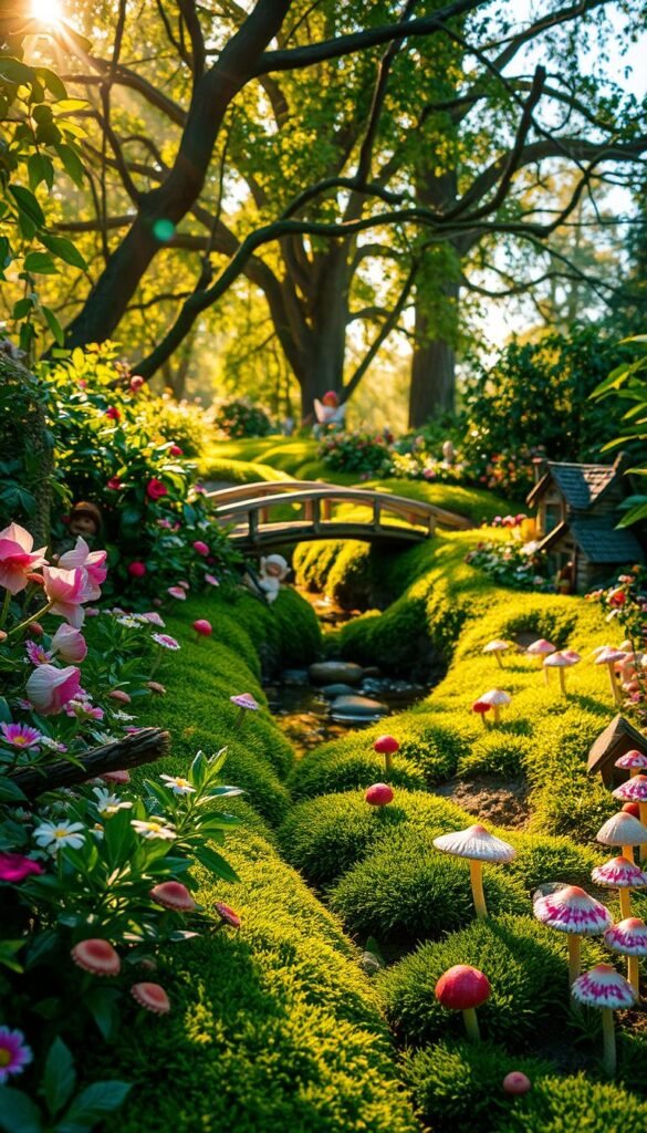 A verdant fairy garden, bathed in warm, golden sunlight filtering through lush foliage. In the foreground, a winding path leads through a profusion of vibrant flowers - delicate pink and purple blooms, bell-shaped fairy caps, and whimsical mushrooms dotting the mossy ground. Whimsical fairy figurines and miniature houses peek out from behind the greenery, creating a sense of enchantment. The middle ground features a babbling brook crossed by a quaint wooden bridge, its reflection shimmering in the water. In the background, towering trees frame the scene, their branches creating a natural canopy overhead. A sense of peaceful serenity and magical wonder pervades the entire composition, inviting the viewer to step into this enchanting fairy oasis.