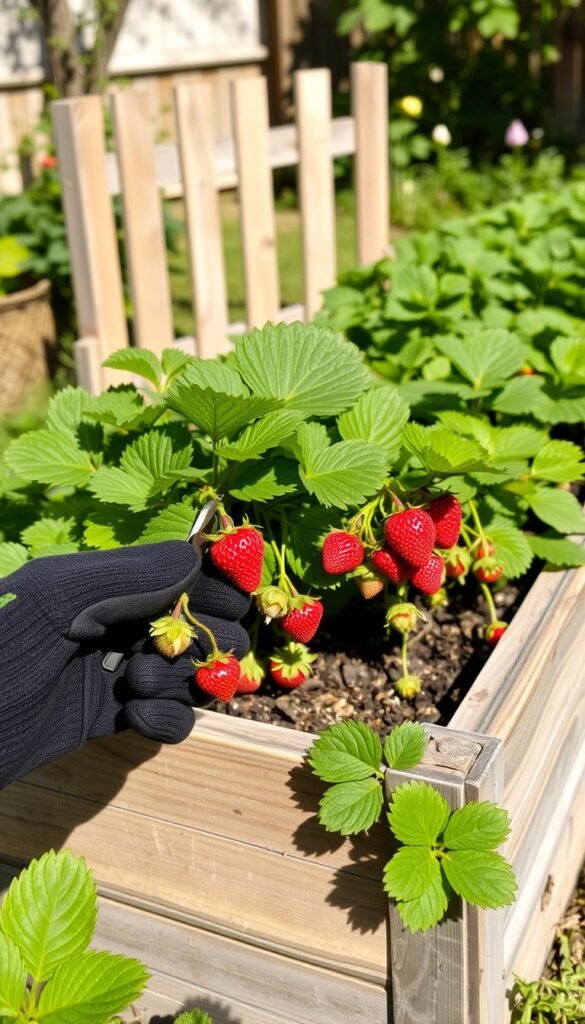 A verdant outdoor scene in the spring, capturing the essential steps of seasonal strawberry plant maintenance. In the foreground, a gardener's gloved hands delicately prune away dead or diseased leaves, encouraging lush, vibrant growth. The middle ground showcases the plant's spreading foliage and ripening berries, their ruby hues glistening under soft, natural lighting. In the background, a well-tended raised planter bed takes center stage, its wooden slats weathered by time. The overall atmosphere conveys a sense of calm, purposeful care - the gardener's gentle stewardship nurturing the strawberry plant's lifecycle through the changing seasons.