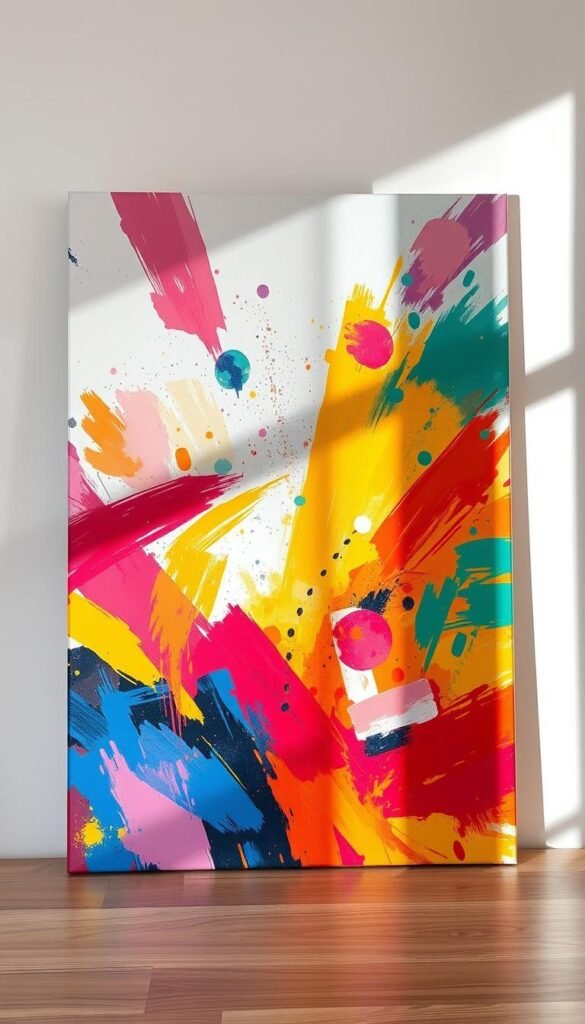 A vibrant abstract canvas painting with dynamic brushstrokes and a captivating color palette. The foreground features bold, expressive strokes in a harmonious blend of vivid hues, creating a sense of movement and energy. The middle ground showcases intricate patterns and textures, adding depth and visual interest. The background is a soft, ethereal wash of complementary colors, providing a serene backdrop that allows the focal elements to stand out. The lighting is natural and diffused, casting a warm, inviting glow across the canvas. The overall composition is balanced and visually striking, making it an ideal centerpiece for a beginner's home decor project.