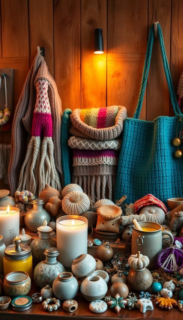 A vibrant and artisanal display of homemade crafts against a rustic, wooden backdrop. In the foreground, an assortment of handmade items such as scented candles, ceramic trinkets, and intricate jewelry pieces, each with a unique charm. The middle ground showcases a variety of textured fabrics, from knitted scarves to hand-stitched tote bags, all meticulously crafted. In the background, a softly lit, natural-toned environment creates a cozy, inviting atmosphere, evoking a sense of warmth and authenticity. Warm, ambient lighting casts a gentle glow, highlighting the vibrant colors and textures of the handmade products. The overall composition conveys the joy and satisfaction of creating and selling simple, yet captivating DIY items.