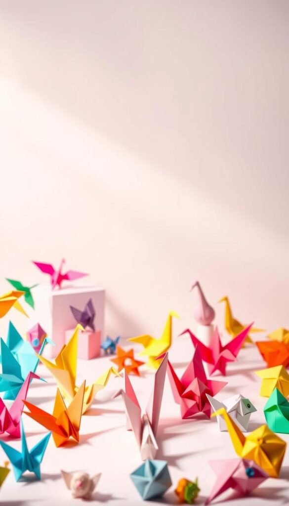 A vibrant and captivating composition showcasing a collection of colorful origami tutorials. In the foreground, an assortment of intricately folded paper creations - elegant cranes, playful animals, and geometric shapes - are arranged in a visually striking display. The middle ground features a clean, minimalist backdrop, allowing the origami to take center stage. Soft, diffused lighting illuminates the delicate paper textures, creating a sense of depth and dimensionality. The overall atmosphere is one of creativity, wonder, and a touch of whimsy, perfectly capturing the essence of "Origami Wonders: Folded Paper Creations".