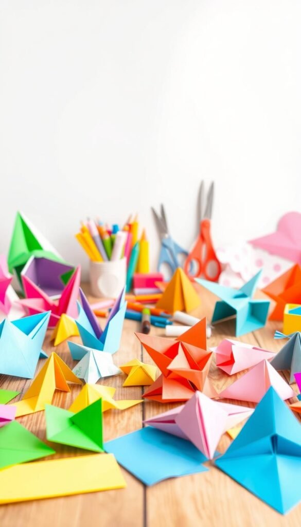 A vibrant and cheerful scene of various paper craft projects for kids, arranged on a wooden table against a bright, airy background. The foreground features an array of colorful paper shapes, including origami animals, paper airplanes, and intricate paper folding designs. In the middle ground, scissors, glue sticks, and other craft supplies are neatly organized, creating a sense of playful creativity. The background is a soft, diffused light, highlighting the textures and colors of the paper crafts. The overall mood is one of exploration, imagination, and the joy of hands-on making, perfect for inspiring young crafters.