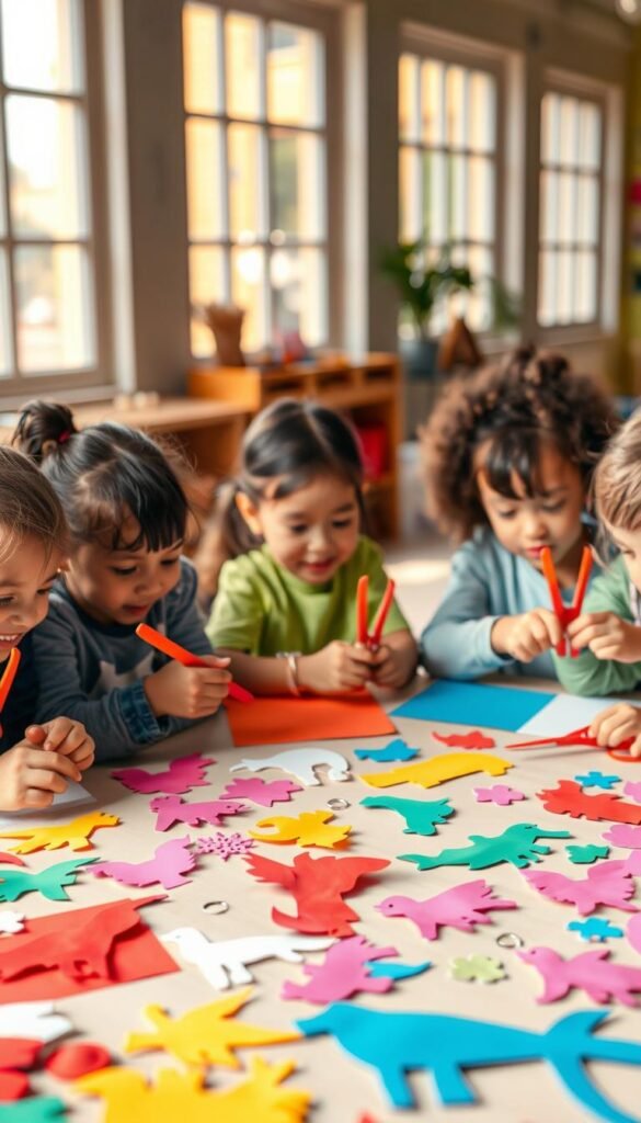 A vibrant and playful scene of paper cutting activities for kids. In the foreground, a group of children sit around a table, carefully snipping colorful sheets of paper with safety scissors, their faces alight with concentration. The middle ground features an array of intricate paper cut-outs - animals, shapes, and abstract designs - scattered across the table. In the background, a warm, natural light filters in through large windows, casting a gentle glow over the scene. The overall atmosphere is one of creativity, learning, and engaged exploration, perfectly capturing the spirit of paper cutting activities for young minds.