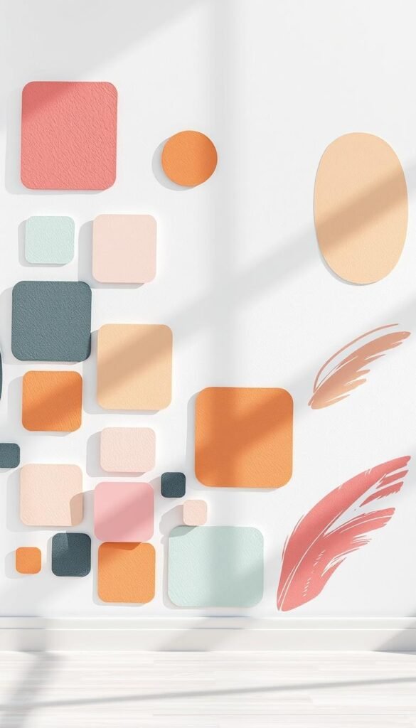 A vibrant and textured wall decal featuring abstract shapes and patterns in a mix of pastel and earthy tones. The decals are made from high-quality contact paper, giving them a smooth, glossy finish that clings seamlessly to the wall surface. The foreground showcases a variety of decal shapes, including geometric squares, organic curves, and dynamic brushstrokes, arranged in a visually interesting composition. The middle ground features a clean, white wall backdrop, allowing the decals to stand out prominently. The lighting is soft and natural, casting gentle shadows that accentuate the depth and dimensionality of the decals. The overall mood is fresh, modern, and inviting, perfectly capturing the essence of a DIY custom wall decor project.