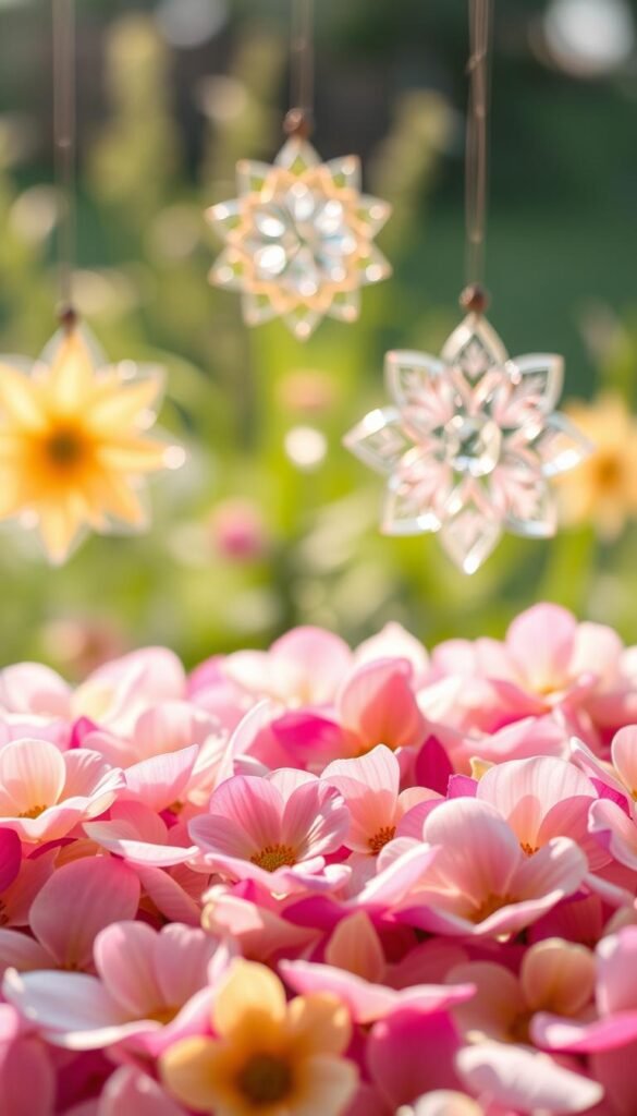 A vibrant and whimsical floral composition showcasing delicate petals artfully arranged into captivating sun catcher crafts. The foreground features an array of softly colored flower petals in hues of pink, yellow, and lavender, meticulously positioned to create intricate patterns and designs. The middle ground depicts the sun catchers themselves, each one a unique work of art, their translucent surfaces catching the light and casting mesmerizing reflections. The background is a gentle, out-of-focus natural setting, with a hint of greenery and soft, diffused lighting that enhances the ethereal, airy atmosphere. The overall scene conveys a sense of creativity, beauty, and a connection to the natural world.