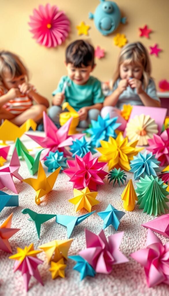 A vibrant and whimsical scene of colorful paper craft projects for children. In the foreground, an array of origami animals, paper flowers, and 3D shapes in a variety of hues - pink, yellow, blue, green - are arranged on a soft, textured surface. In the middle ground, children's hands can be seen playfully manipulating the paper, folding and cutting with focus and delight. The background features a cheerful, pastel-tinted wall, lending a warm, inviting atmosphere to the image. The lighting is soft and diffused, highlighting the tactile nature of the paper materials and the joy of the creative process. The overall scene conveys a sense of creativity, exploration, and the boundless potential of simple paper craft ideas to engage and inspire young minds.