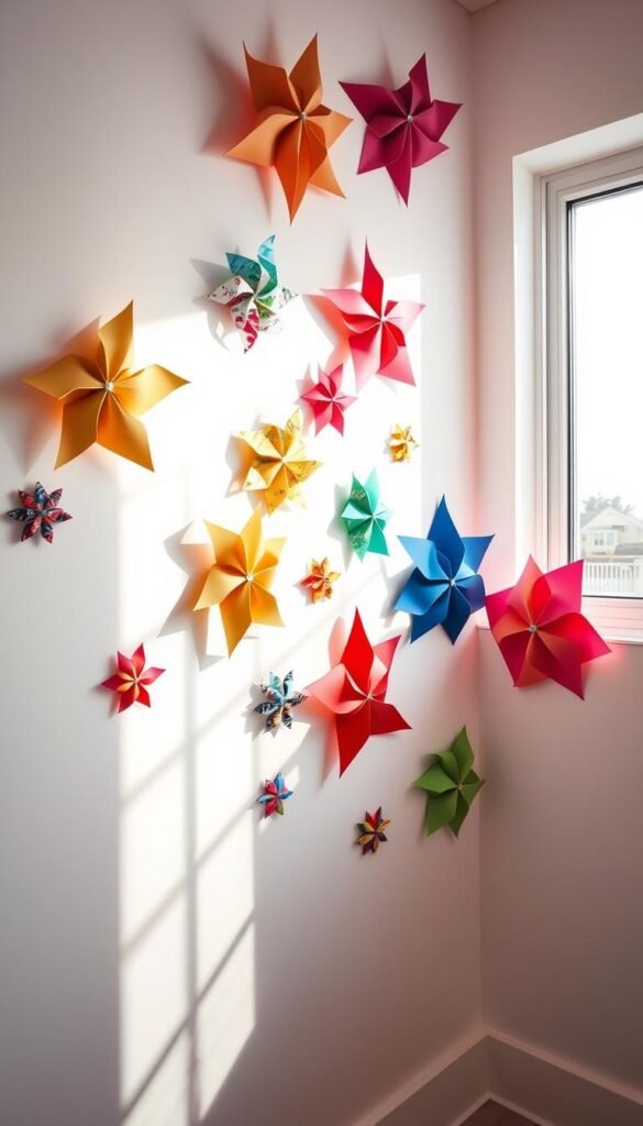 A vibrant arrangement of paper pinwheels, their vibrant colors and intricate designs catching the soft, diffused light from a large window. The pinwheels are displayed on a plain white wall, creating a visually striking gallery-style display. The pinwheels are of various sizes, ranging from small to large, and are arranged in a symmetrical, geometric pattern that draws the eye. The lighting is natural and soft, creating gentle shadows that add depth and dimension to the scene. The overall mood is one of whimsy and creativity, inviting the viewer to imagine the process of crafting these delightful paper decorations.