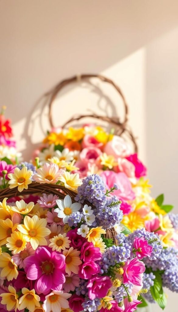 A vibrant arrangement of spring flower wreaths, their delicate petals bursting with color against a soft, diffused background. The foreground features an intricate woven display of fresh blooms, from dainty daisies and cheerful daffodils to lush peonies and fragrant lilacs. The middle ground showcases a harmonious grouping of these natural wreaths, casting gentle shadows that create depth and dimensionality. The background is hazy and ethereal, allowing the floral centerpieces to take center stage. Warm, directional lighting from the side gently illuminates the textures and contours of the flowers, evoking a sense of springtime renewal and celebration.