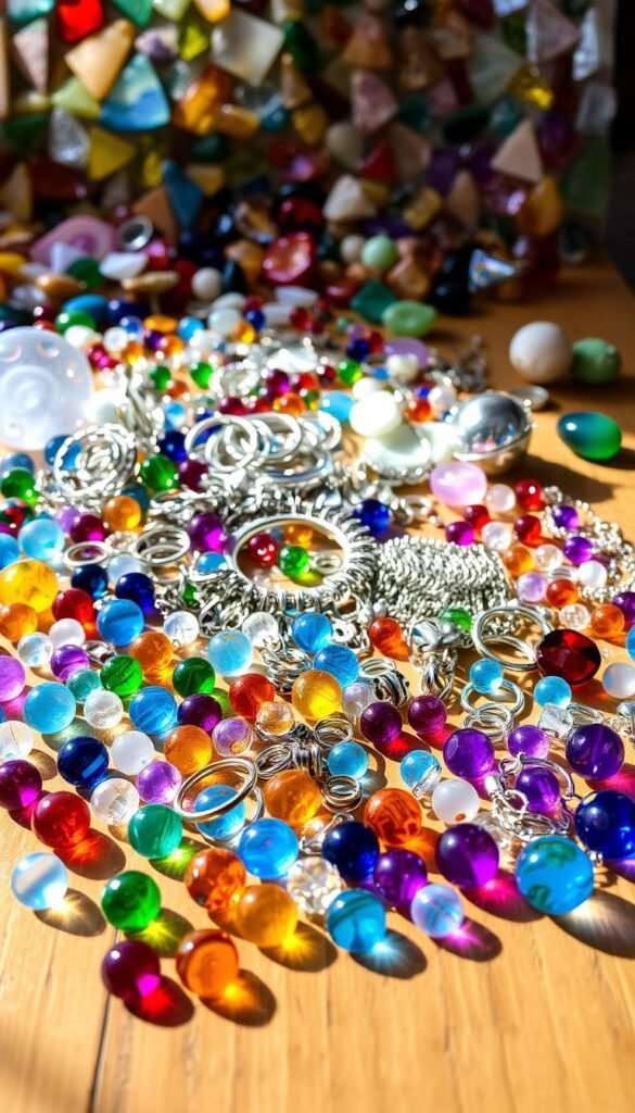 A vibrant arrangement of sun catcher craft materials laid out on a wooden table, with a soft, natural lighting illuminating the scene. The foreground features an assortment of colorful glass beads, prisms, and charms in various shapes and sizes. In the middle ground, there are metal rings, chains, and findings for assembling the sun catchers. The background showcases an array of stained glass pieces, semi-precious stones, and other decorative elements, hinting at the creative possibilities for customizing the sun catchers. The overall mood is one of inspiration and anticipation, inviting the viewer to imagine the beautiful sun catchers that can be crafted from these materials.