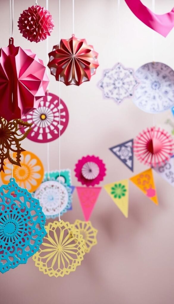 A vibrant array of custom party banners, meticulously crafted with bold colors and whimsical patterns. Hanging from delicate strings, they sway gently in a soft, diffused lighting, creating a celebratory atmosphere. In the foreground, intricate paper cutouts in various geometric shapes and designs take center stage, their intricate details and textures accentuated by strategic shadows. The middle ground features a mix of circular, rectangular, and triangular banners, each adorned with playful, hand-drawn motifs that evoke a sense of joy and festivity. In the background, a muted, pastel-hued backdrop sets the stage, allowing the vibrant banners to truly shine and captivate the viewer's attention.