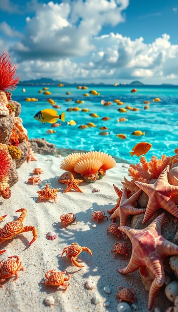 A vibrant array of seashell creatures, delicately crafted from an assortment of natural shells. In the foreground, whimsical crabs scuttle across the sandy seafloor, their shells adorned with intricate patterns. Playful starfish cling to the rocks, their vibrant hues complementing the turquoise waters. In the middle ground, shimmering schools of tropical fish dart between colorful coral formations, casting dancing shadows. The background is a serene, sun-dappled seascape, with distant islands and a softly clouded sky. Soft, directional lighting highlights the textures and shapes of the seashell creatures, creating a magical, enchanting atmosphere. Captured with a wide-angle lens to showcase the lush, underwater world in all its glory.
