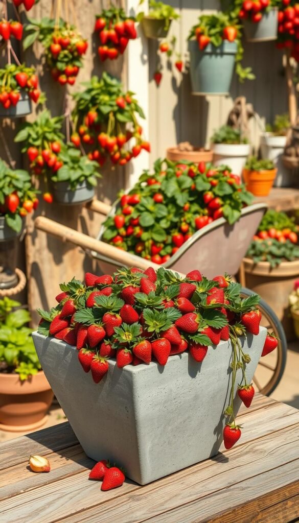 A vibrant, artfully arranged display of creative strawberry planter designs, showcasing a variety of innovative shapes, textures, and materials. In the foreground, a sleek, minimalist planter made of polished concrete sits atop a rustic wooden table, its crimson-hued berries cascading over the edges. In the middle ground, a repurposed vintage wheelbarrow overflows with lush, verdant foliage and ripe, juicy strawberries. The background features a whimsical assortment of hanging baskets, tiered planters, and repurposed household items, all bursting with the vibrant red of the strawberry fruit. The scene is bathed in warm, natural lighting, casting gentle shadows and highlighting the unique character of each planter design. The overall atmosphere is one of creativity, abundance, and the joy of homegrown, handcrafted strawberry cultivation.