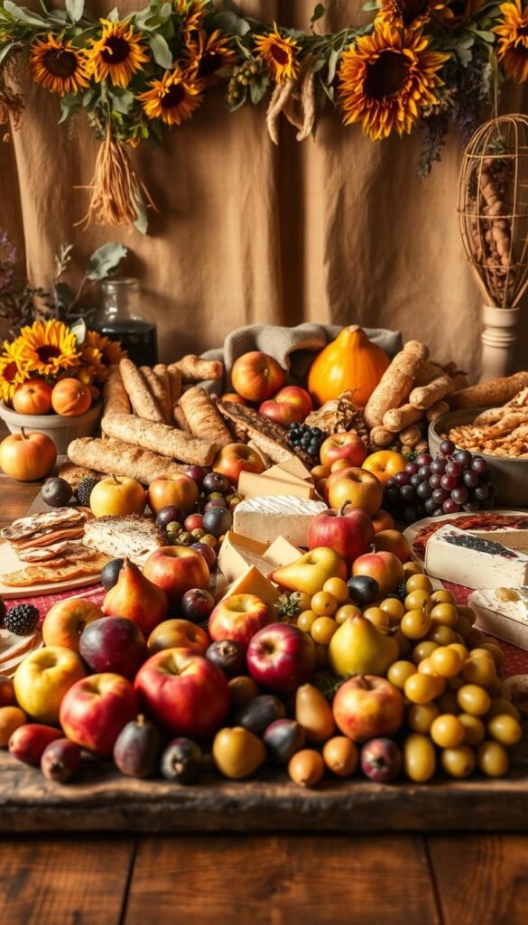 A vibrant autumn grazing table with an abundance of seasonal produce and rustic accents. In the foreground, a wooden tabletop is adorned with an artful arrangement of freshly harvested apples, pears, figs, and grapes, their hues ranging from deep reds to golden yellows. Surrounding the produce, an assortment of artisanal cheeses, cured meats, and crusty breads create a delectable display. In the middle ground, a backdrop of lush, earthy-toned textiles and dried floral elements, such as sunflowers and eucalyptus, lend a warm, cozy ambiance. The lighting is soft and natural, casting a golden glow over the scene, evoking the essence of a bountiful fall harvest. The overall composition exudes a sense of rustic elegance, perfectly capturing the spirit of a seasonal grazing table.