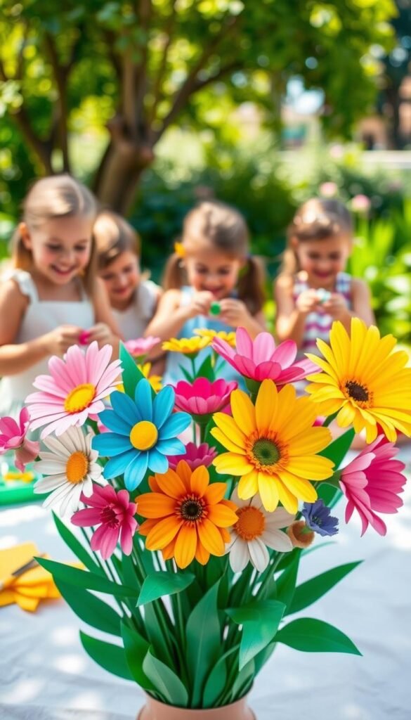 A vibrant bouquet of colorful paper flowers, crafted with meticulous detail, stands prominently in the foreground. The arrangement features a variety of blooms, including delicate daisies, bold sunflowers, and intricate origami-inspired petals, all rendered in a spectrum of hues. In the middle ground, a group of smiling children enthusiastically engage in the flower-making process, their hands deftly folding, cutting, and gluing the materials. The background depicts a cheerful, sun-drenched setting, with lush greenery and a playful, summery atmosphere, inviting the viewer to immerse themselves in the joy of this creative endeavor.