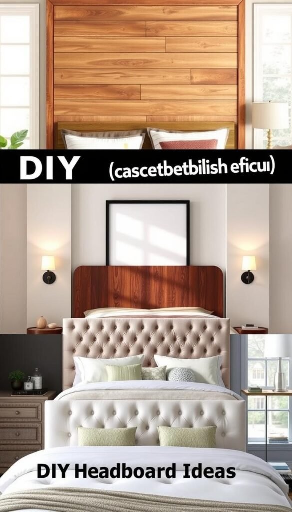 A vibrant collage of DIY headboard ideas showcasing diverse bedroom styles. In the foreground, a rustic wood-paneled headboard adorns a cozy farmhouse-inspired space. In the middle, a sleek minimalist headboard frames a sophisticated modern bedroom. In the background, a plush tufted headboard anchors a luxurious, elegant bedroom. Soft lighting from sconces and natural sunlight through large windows creates a warm, inviting atmosphere. Rendered in a realistic, high-resolution style, the image conveys the versatility and personalization possible with DIY headboards for any bedroom aesthetic.