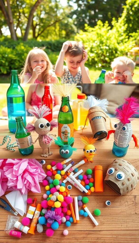 A vibrant collage of recycled materials transformed into whimsical summer crafts for children. In the foreground, a group of kids joyfully create colorful sculptures from repurposed bottles, cardboard, and newspaper. The middle ground showcases an array of crafting supplies - tissue paper, pom-poms, googly eyes, and glue sticks. In the background, a warm, sun-dappled outdoor setting with lush greenery sets the scene for this imaginative summer activity. The lighting is soft and natural, capturing the playful energy and creativity of the young artists. The composition is balanced, with the crafts taking center stage, inviting the viewer to join in the fun.