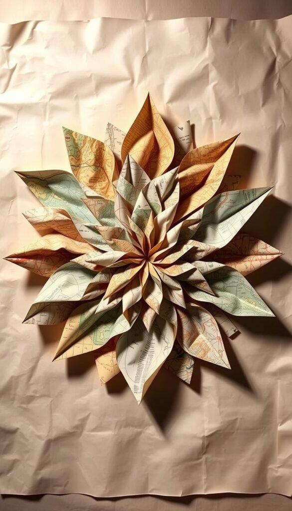 A vibrant collage of upcycled paper map decor, featuring a central arrangement of folded and twisted map fragments arranged in a visually striking manner. The pieces are layered atop a background of weathered, off-white paper, creating a textured and vintage-inspired aesthetic. Soft, warm lighting casts gentle shadows, accentuating the dimensional quality of the design. The overall composition exudes a sense of wanderlust and a love for repurposed materials, perfectly capturing the essence of "Upcycled Paper Map or Book Page Decor."
