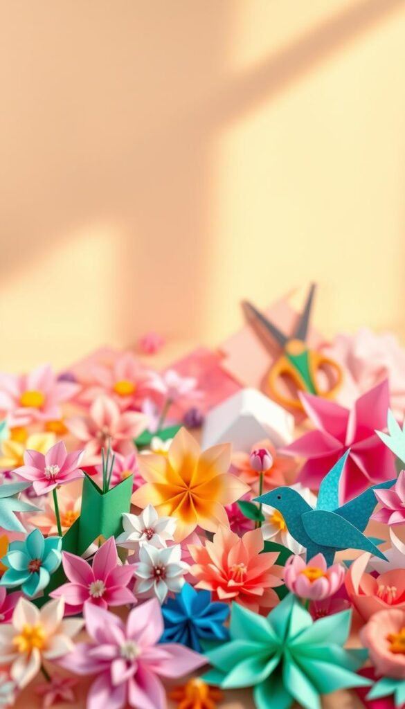 A vibrant collection of construction paper crafts, meticulously arranged against a soft, pastel-hued background. In the foreground, delicate paper flowers, intricate origami shapes, and whimsical paper-cut animals come to life, their vivid colors and intricate textures captured in stunning detail. The middle ground features a variety of crafting supplies, including scissors, glue sticks, and an assortment of colored papers, inviting the viewer to imagine the creative process. The background is bathed in warm, natural lighting, casting a gentle glow and creating a serene, inspirational atmosphere. The overall composition exudes a sense of playfulness, creativity, and the joy of seasonal paper crafting.