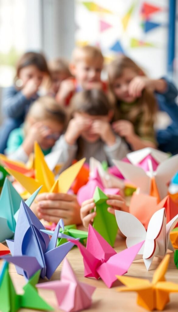 A vibrant collection of paper folding projects for kids, set against a brightly lit, softly blurred background. In the foreground, a range of origami animals, including a playful paper crane, a colorful paper frog, and a delicate paper butterfly, showcasing the creativity and fun of this hands-on activity. In the middle ground, a group of children's hands carefully creasing and shaping the paper, their faces filled with concentration and delight. The overall scene conveys a sense of whimsy, learning, and the joy of making something with one's own hands.