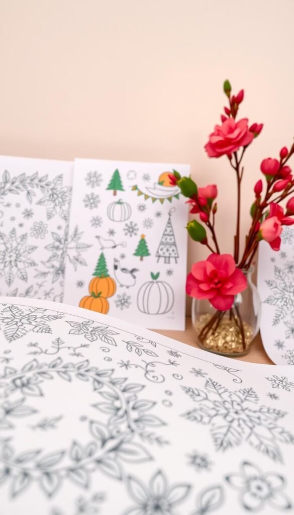 A vibrant collection of seasonal coloring pages, featuring intricate designs and whimsical motifs. In the foreground, delicate floral patterns and leafy wreaths dance across the page, their delicate lines inviting the viewer to bring them to life with a burst of color. In the middle ground, playful holiday icons such as snowflakes, Christmas trees, and pumpkins create a festive atmosphere, while the background is a soft, muted palette that allows the detailed illustrations to shine. The lighting is soft and diffused, casting a warm, inviting glow over the scene. Captured with a wide-angle lens, the composition showcases the depth and richness of the designs, inviting the viewer to immerse themselves in the creative process.