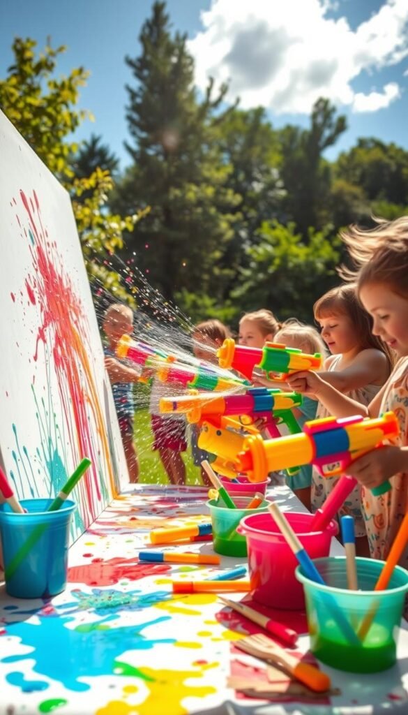 A vibrant, colorful scene of water gun painting. In the foreground, a group of lively children gleefully squirt paint-filled water guns at a large white canvas, creating playful splashes and abstract patterns. The middle ground features an array of paint-spattered water guns, buckets, and brushes, hinting at the joyful chaos. The background showcases a sun-drenched outdoor setting, with lush greenery and a clear blue sky, setting the perfect summer mood. Warm, natural lighting casts a soft glow, highlighting the vivacity and energy of the moment. The composition is dynamic, capturing the spontaneous, carefree spirit of this engaging, hands-on art activity.
