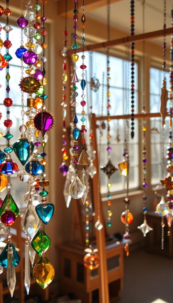 A vibrant display of handcrafted suncatchers in a warm, sunlit studio. In the foreground, an array of intricate glass and crystal pendants in a rainbow of colors, catching the light and casting mesmerizing patterns on the walls. In the middle ground, various beaded and wire-wrapped designs hang from wooden dowels, each unique and captivating. The background features a large window, allowing natural light to flood the space and highlighting the dynamic, luminous qualities of the suncatchers. The overall atmosphere is one of creativity, craftsmanship, and the radiant beauty of these homemade gifts.