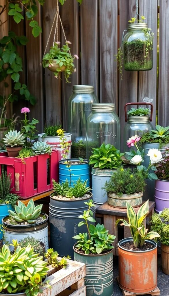 A vibrant, eclectic display of repurposed container gardens, showcasing a harmonious blend of upcycled materials and thriving foliage. In the foreground, a collection of colorful planters fashioned from vintage crates, tin cans, and discarded wooden pallets, each brimming with a lush assortment of succulents, trailing vines, and fragrant herbs. The midground features a whimsical arrangement of oversized glass jars, their interiors transformed into miniature oases, housing delicate flowers and cascading greenery. In the background, a rustic wooden fence serves as a backdrop, its weathered charm complementing the repurposed aesthetic. Soft, warm lighting filters through the scene, casting a welcoming glow and highlighting the textures and colors of the upcycled containers. An atmosphere of creativity, sustainability, and a touch of the unexpected pervades the image, inviting the viewer to imagine the unique stories behind each repurposed item.