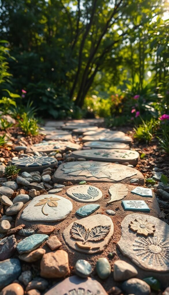 A vibrant garden path lined with handcrafted stepping stones, each one a unique mosaic of natural textures and colors. In the foreground, a mix of river rocks, pebbles, and ceramic tiles are carefully arranged, creating an organic, tactile surface. The middle ground showcases a variety of embellishments - imprints of leaves, flowers, and whimsical shapes pressed into the stones. Soft, diffused sunlight filters through lush foliage in the background, casting a warm, inviting glow over the entire scene. The overall mood is one of tranquility, creativity, and a connection to the natural world.