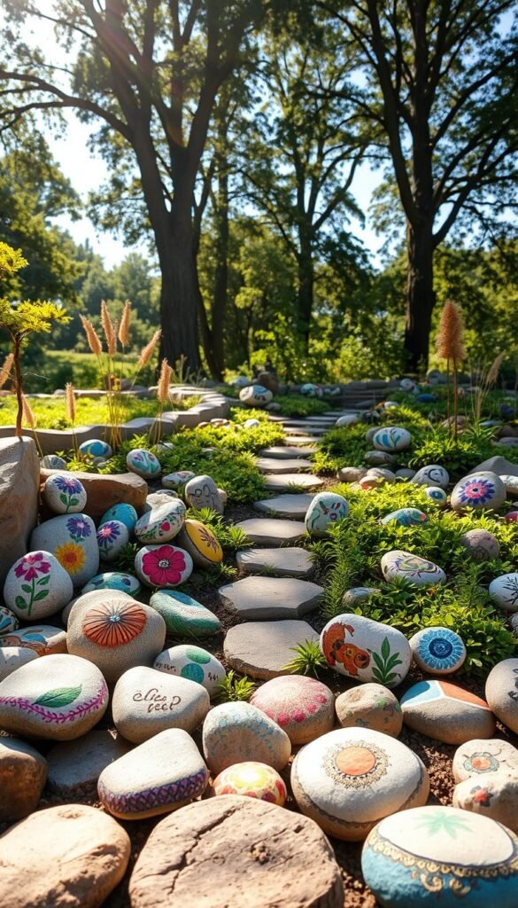 A vibrant, hand-painted rock garden, bathed in warm afternoon sunlight. In the foreground, a collection of smooth, river rocks in a variety of shapes and sizes, each adorned with intricate floral designs, whimsical animal motifs, and playful geometric patterns. The middle ground features an arrangement of painted stepping stones, leading the eye through a lush, verdant groundcover. In the background, a backdrop of towering trees casts dappled shadows, creating a serene, nature-inspired setting. The overall scene radiates a sense of creativity, joy, and a touch of rustic charm, inviting the viewer to explore and discover the unique beauty of this handcrafted garden art.