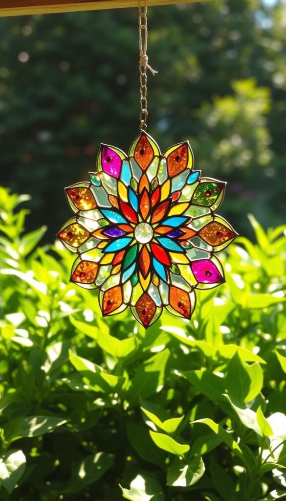 A vibrant, handcrafted garden suncatcher, its intricate design shimmering in the warm summer sunlight. Delicate glass pieces in a kaleidoscope of colors are arranged in an organic, floral pattern, radiating outward from a central focal point. The suncatcher is suspended from a sturdy wooden frame, casting dancing shadows on the lush, verdant foliage surrounding it. Soft, diffused lighting illuminates the scene, creating a sense of whimsical enchantment. The overall composition conveys a playful, DIY aesthetic suitable for a child's creative exploration of nature and art.
