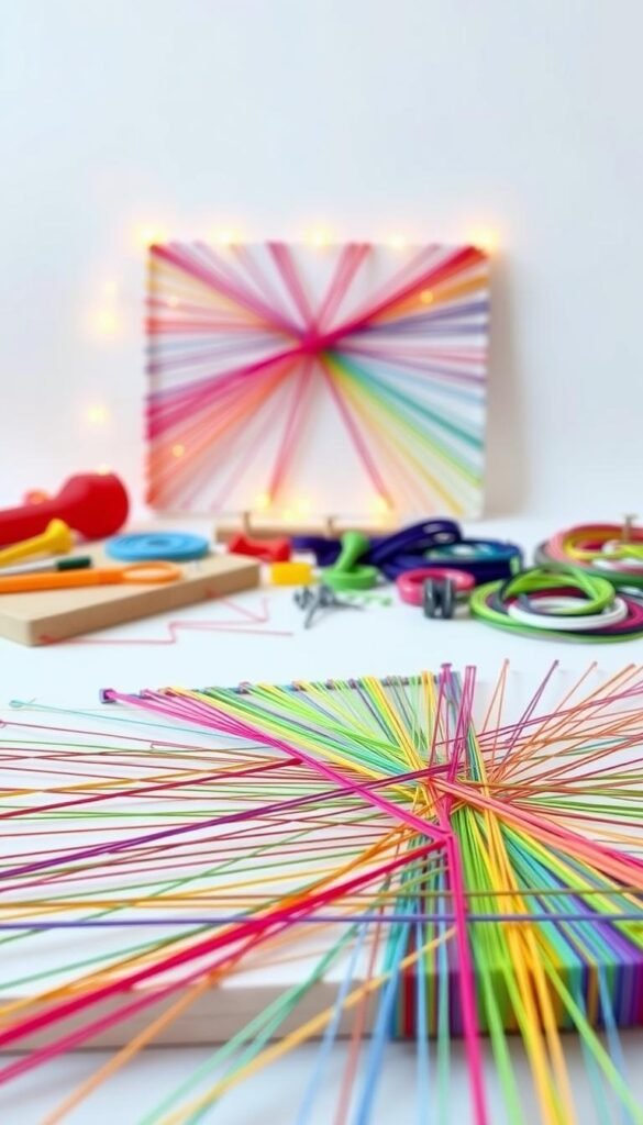 A vibrant, intricate display of string art techniques, showcasing a captivating interplay of colorful threads and geometric patterns. The foreground features a meticulously crafted string art design, with crisp, intersecting lines that create a mesmerizing visual texture. The middle ground offers a selection of string art tools and materials, including wooden boards, nails, and a variety of colored strings, conveying a sense of DIY creativity. The background is a softly lit, neutral space, allowing the string art to take center stage and highlighting its artistic and decorative potential. Warm lighting casts a gentle glow, accentuating the depth and dimensionality of the string art, while a clean, minimalist setting ensures the focus remains on the craft itself.