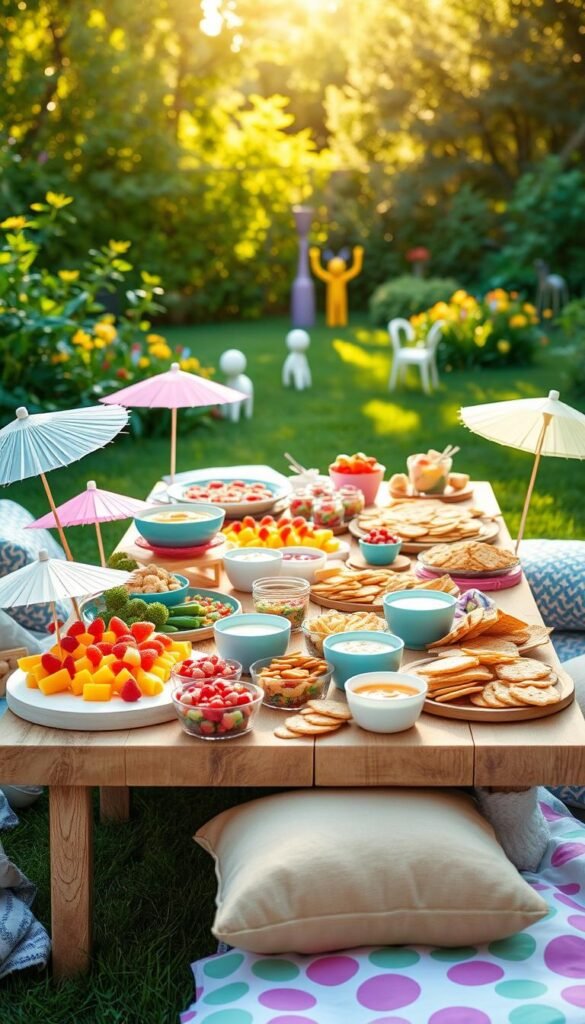 A vibrant, kid-friendly grazing table set against a warm, sun-dappled garden backdrop. Overflowing with an array of colorful, bite-sized snacks - fresh fruit skewers, veggie cups with dip, mini sandwiches, and an assortment of crackers and cheese. Whimsical paper umbrellas and playful serveware in pastel hues add a festive touch. Soft, diffused lighting casts a gentle glow, creating an inviting, family-friendly atmosphere. The table is arranged in an organic, meandering layout, encouraging casual, leisurely grazing. Plush, patterned blankets and pillows on the grass provide cozy seating options for little ones. Lush greenery and a few playful garden sculptures in the distance complete the idyllic, backyard party scene.
