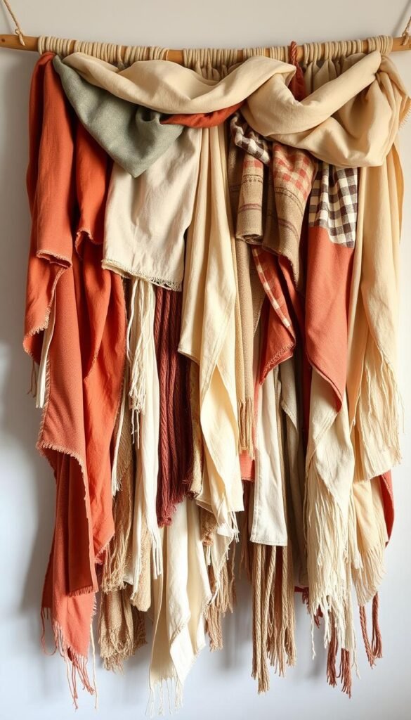 A vibrant, no-sew fabric wall hanging with an organic, textural arrangement of natural-toned fabrics in various patterns and textures. The fabrics are draped and layered to create a dynamic, visually interesting composition that fills the frame. The lighting is soft and diffused, creating subtle shadows and highlights that accentuate the fabric's tactile qualities. The overall mood is warm, cozy, and inviting, evoking a sense of handcrafted, bohemian-inspired home decor.