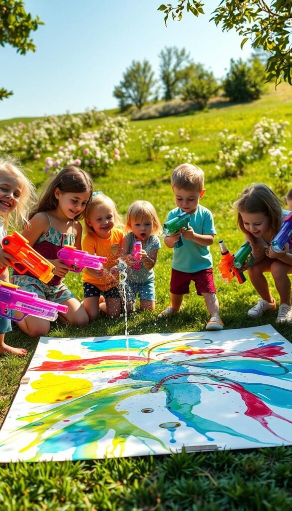 A vibrant outdoor scene of children engaged in a lively "Water Gun Painting" activity. In the foreground, young artists wielding colorful water guns, spraying dynamic patterns across a large canvas placed on the ground. The middle ground features playful splashes and dripping paint, creating a sense of movement and energy. In the background, a sun-dappled grassy area with blooming flowers, evoking a warm, summer atmosphere. Soft, natural lighting casts a warm glow, highlighting the joyful expressions of the children as they collaborate to produce a unique, collaborative artwork. A wide-angle lens captures the full scope of the activity, emphasizing the sense of fun and creativity.