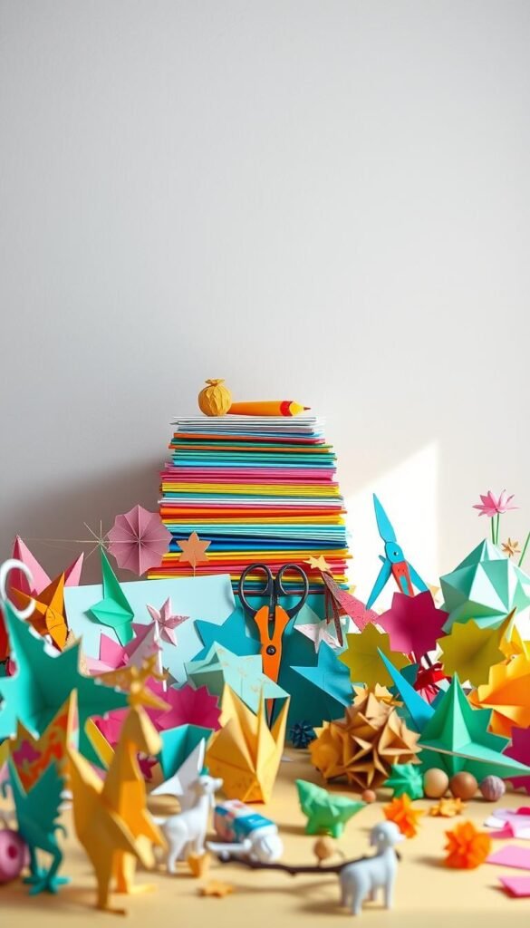 A vibrant paper craft scene with a variety of intricate handmade elements. In the foreground, an assortment of origami animals, paper flowers, and 3D geometric shapes arranged in a whimsical, dynamic composition. The middle ground features a neatly stacked pile of colorful cardstock, scissors, glue, and other craft supplies, illuminated by soft, natural lighting from an unseen window. In the background, a minimalist paper-textured wall provides a clean, monochromatic backdrop, emphasizing the tactile, handmade quality of the scene. The overall mood is one of creativity, craftsmanship, and a sense of playful experimentation with paper as a medium.