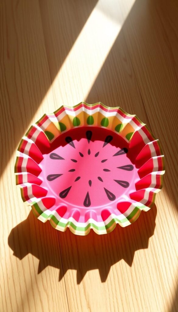 A vibrant paper plate in a cheerful watermelon pattern, its edges curled into a fan shape. The plate sits atop a wooden surface, casting soft shadows. Sunlight filters through the fanned pleats, creating a playful, summery atmosphere. Carefully crafted details like jagged rind edges and glistening pink fruit flesh add realism. The overall composition conveys a sense of whimsical DIY charm, perfect for a kid-friendly craft project.
