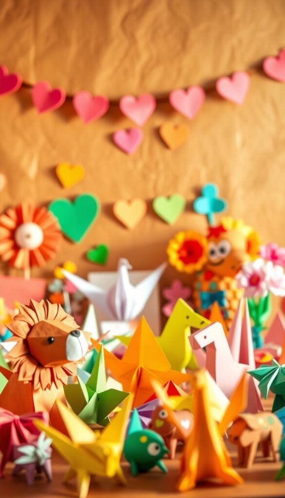 A vibrant scene of kid-friendly paper crafts, bathed in warm, natural lighting and captured with a wide-angle lens. In the foreground, an array of colorful paper animals - a whimsical origami lion, a delicate paper crane, and a playful paper dog. In the middle ground, a variety of paper shapes and patterns, including a garland of paper hearts and a paper flower bouquet. The background features a tactile, textured paper backdrop, providing a tactile, craft-inspired feel. The overall atmosphere exudes a sense of joy, creativity, and family-friendly engagement, perfectly capturing the essence of "Kid-Friendly Paper Crafts for Family Fun."