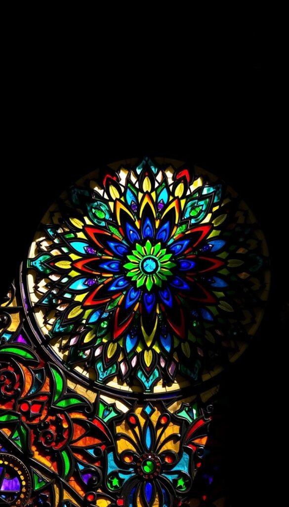 A vibrant stained glass and mosaic scene, with intricate patterns of colored glass and tile fragments. The foreground features a central mandala-like design, with radiant bursts of vivid hues including blues, reds, greens, and golds. The middle ground showcases an array of geometric shapes and flowing organic motifs, creating a mesmerizing kaleidoscopic effect. The background is a soft, diffused gradient, evoking a sense of depth and luminosity. Dramatic chiaroscuro lighting casts dramatic shadows, adding depth and dimensionality to the composition. The overall mood is one of tranquil beauty, inviting the viewer to get lost in the captivating details and mesmerizing color palette.