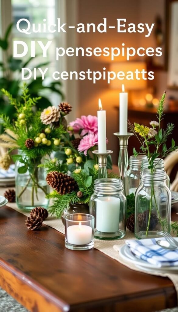 A vibrant still-life arrangement of quick and easy DIY centerpieces on a rustic wooden table. In the foreground, an assortment of simple yet elegant elements like glass vases, mason jars, and candles, all thoughtfully styled. The middle ground showcases a mix of fresh greenery, seasonal flowers, and natural accents like pinecones and twigs, creating a welcoming and inviting display. The background features a warm, soft-focus setting, perhaps a cozy living room or dining area, with hints of natural light filtering in, lending a tranquil, homey atmosphere. The overall composition conveys a sense of effortless sophistication and the joy of crafting beautiful yet functional centerpieces on a budget.