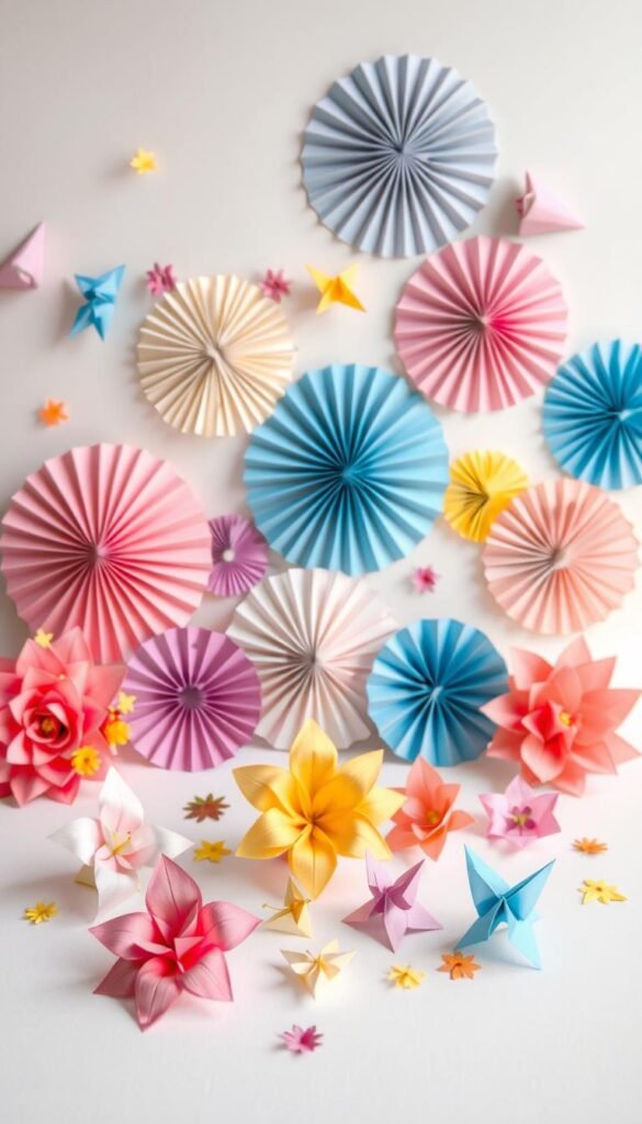 A vibrant still life arrangement showcasing a variety of colorful paper craft elements. In the foreground, delicate paper flowers and origami shapes in hues of pink, yellow, and blue are carefully displayed on a clean, minimalist surface. The middle ground features neatly folded paper fans, paper garlands, and origami birds in a harmonious color palette. The background subtly fades into a soft, neutral tone, allowing the vibrant paper decorations to take center stage. The lighting is natural and diffused, creating a warm, inviting atmosphere. The overall composition is balanced, highlighting the simplicity and beauty of these beginner-friendly paper craft ideas.