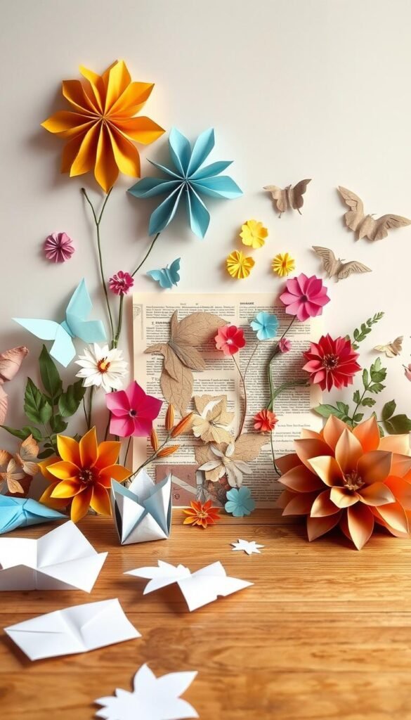 A vibrant still life of assorted recycled paper crafts, arranged artfully on a wooden surface. In the foreground, delicate origami shapes, paper flowers, and intricate paper-cut silhouettes. The middle ground features a collage of repurposed book pages, newspaper clippings, and cardboard textures. In the background, a neutral, softly-lit backdrop emphasizes the crafted details. The overall composition showcases the creative potential of upcycled and recycled materials, with a warm, inviting atmosphere that inspires DIY paper projects.